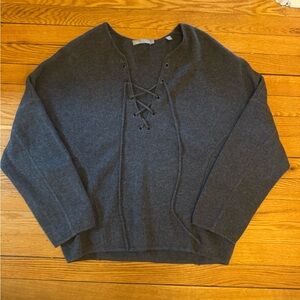 Vince Gray V-Neck Sweater with Lace-Up Detail